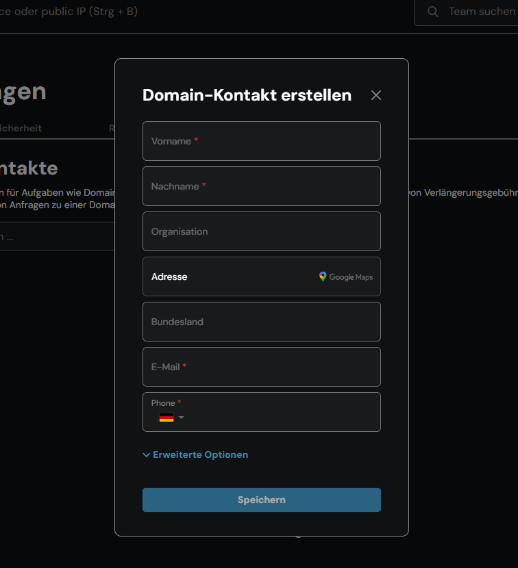 Eingabemaske unter Domain-Kontakt erstellen